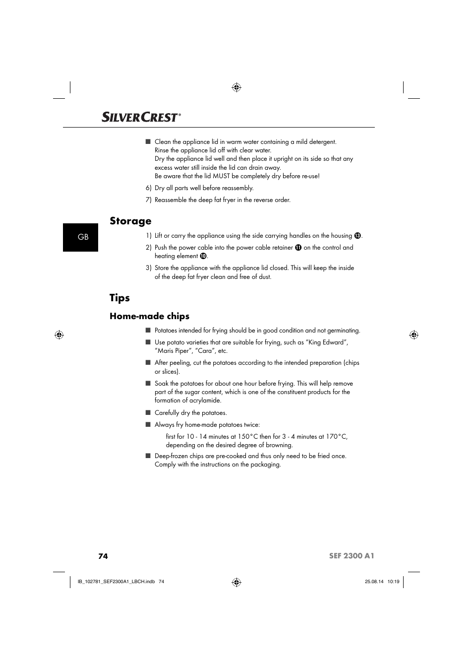 Storage, Tips, Home-made chips | Silvercrest SEF 2300 A1 User Manual | Page 77 / 84