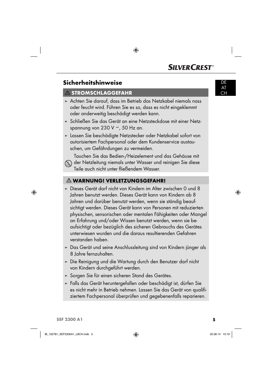 Sicherheitshinweise, Stromschlaggefahr, Sorgen sie für einen sicheren stand des gerätes | Silvercrest SEF 2300 A1 User Manual | Page 8 / 84