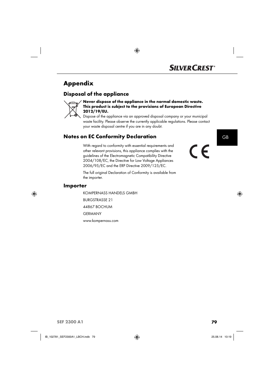 Appendix, Disposal of the appliance, Importer | Silvercrest SEF 2300 A1 User Manual | Page 82 / 84