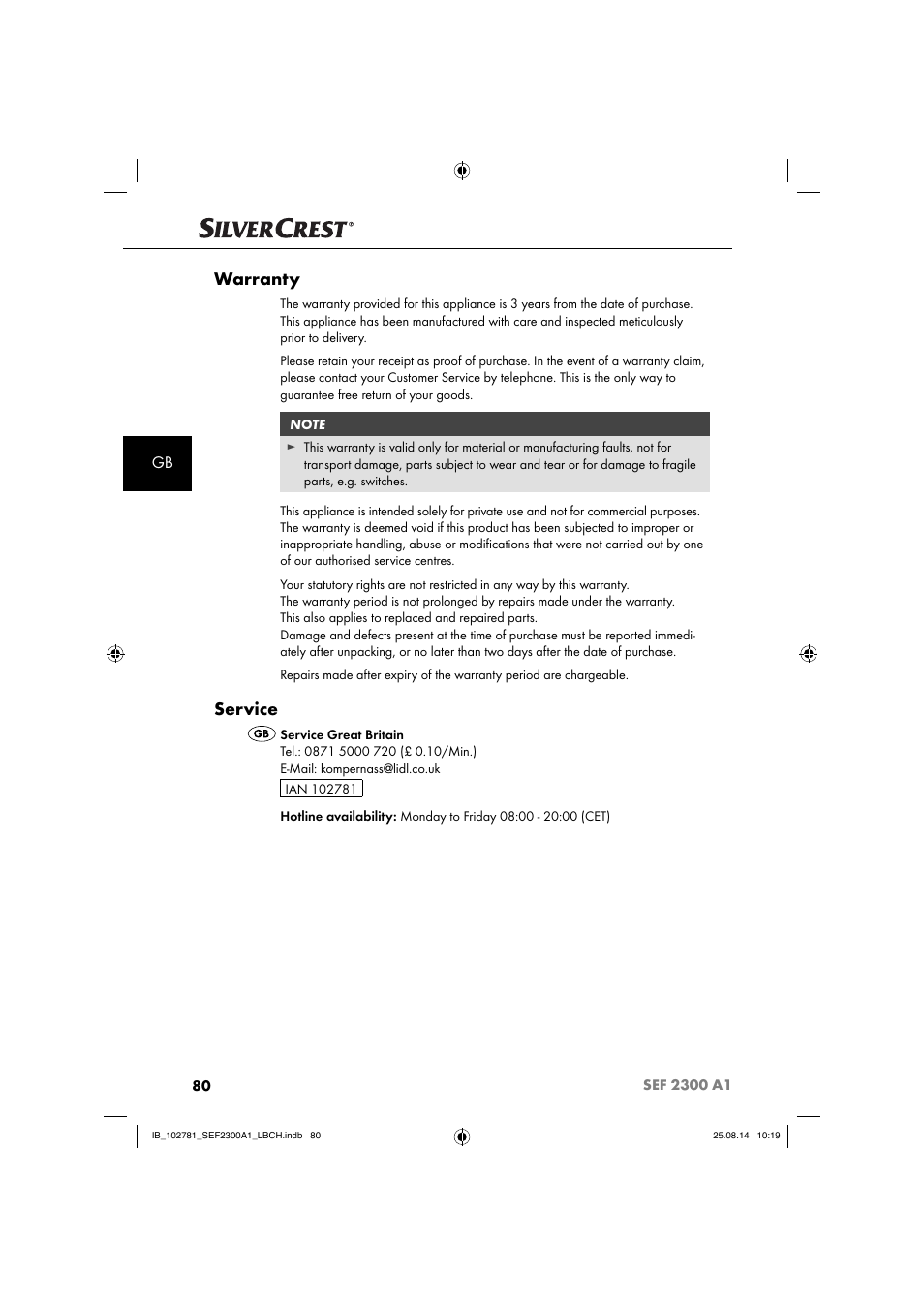 Warranty, Service | Silvercrest SEF 2300 A1 User Manual | Page 83 / 84