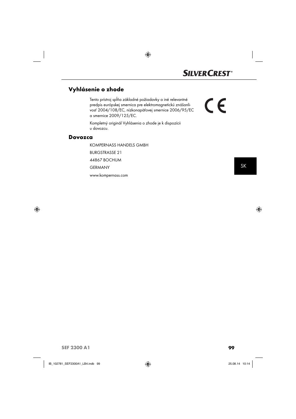 Vyhlásenie o zhode, Dovozca | Silvercrest SEF 2300 A1 User Manual | Page 102 / 124