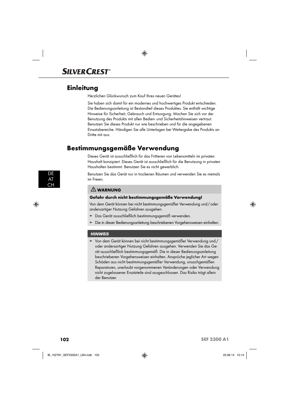 Einleitung, Bestimmungsgemäße verwendung, De at ch | Silvercrest SEF 2300 A1 User Manual | Page 105 / 124