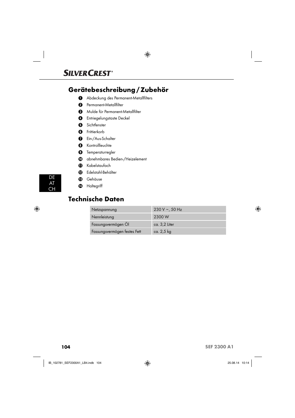 Gerätebeschreibung / zubehör, Technische daten, De at ch | Silvercrest SEF 2300 A1 User Manual | Page 107 / 124