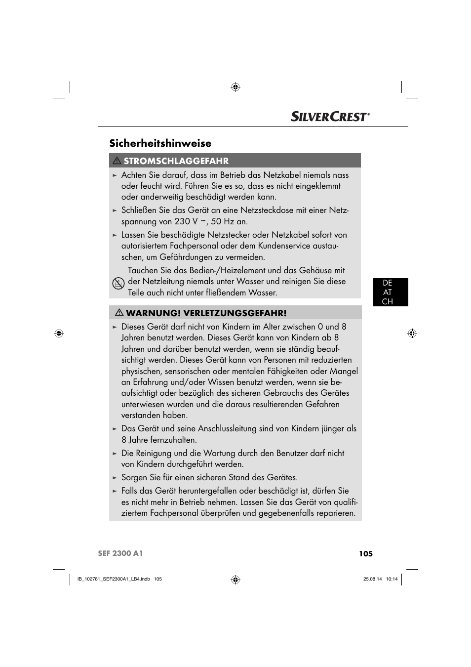 Sicherheitshinweise, Stromschlaggefahr, Sorgen sie für einen sicheren stand des gerätes | Silvercrest SEF 2300 A1 User Manual | Page 108 / 124