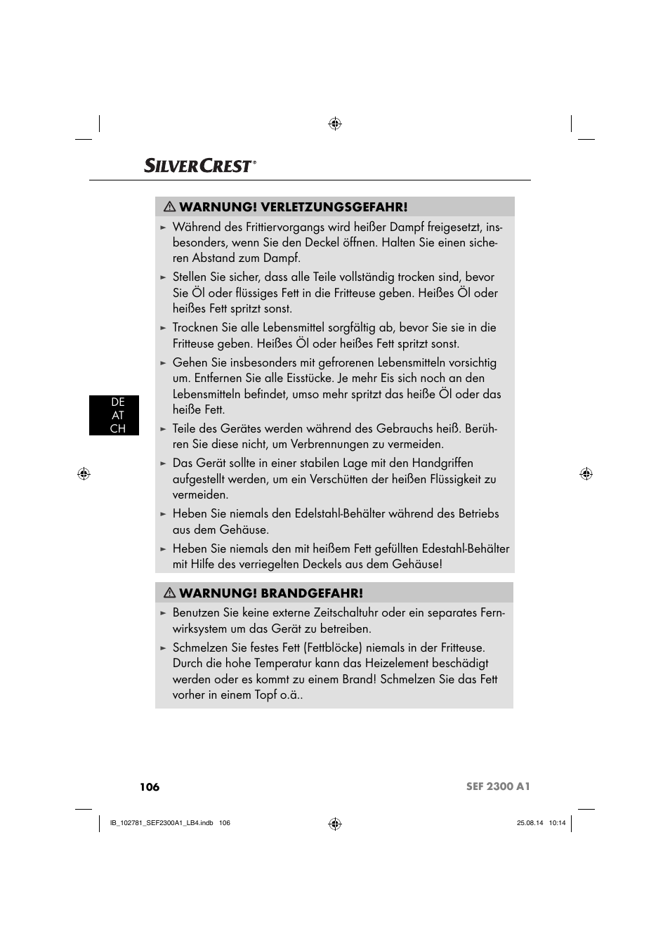 Warnung! verletzungsgefahr | Silvercrest SEF 2300 A1 User Manual | Page 109 / 124