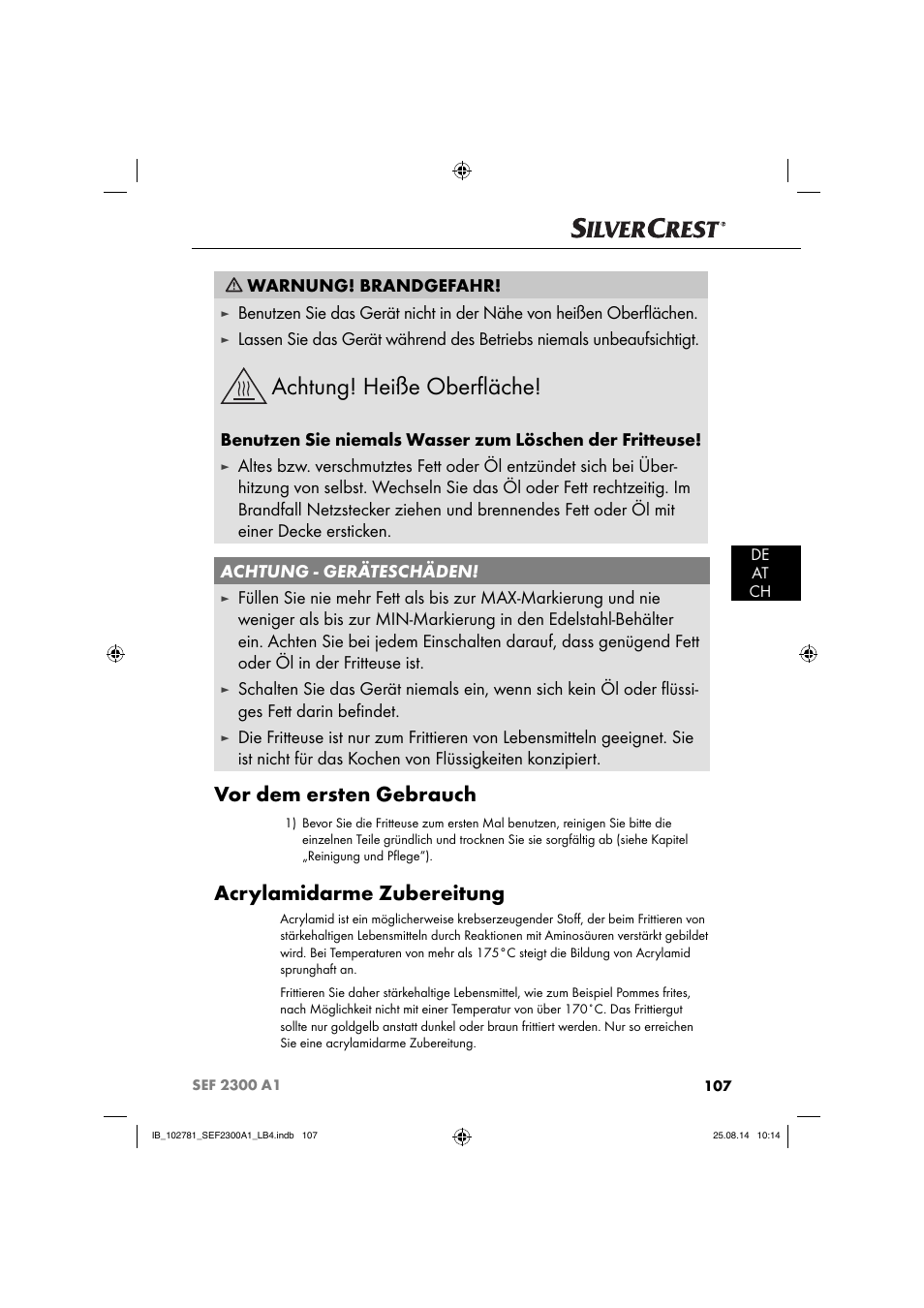 Achtung! heiße oberﬂ äche, Vor dem ersten gebrauch, Acrylamidarme zubereitung | Warnung! brandgefahr | Silvercrest SEF 2300 A1 User Manual | Page 110 / 124