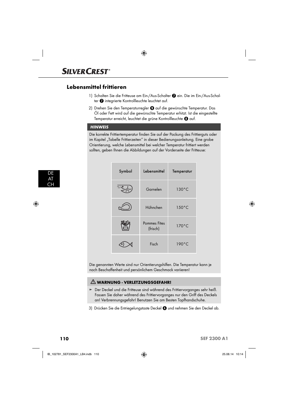 Lebensmittel frittieren, De at ch | Silvercrest SEF 2300 A1 User Manual | Page 113 / 124