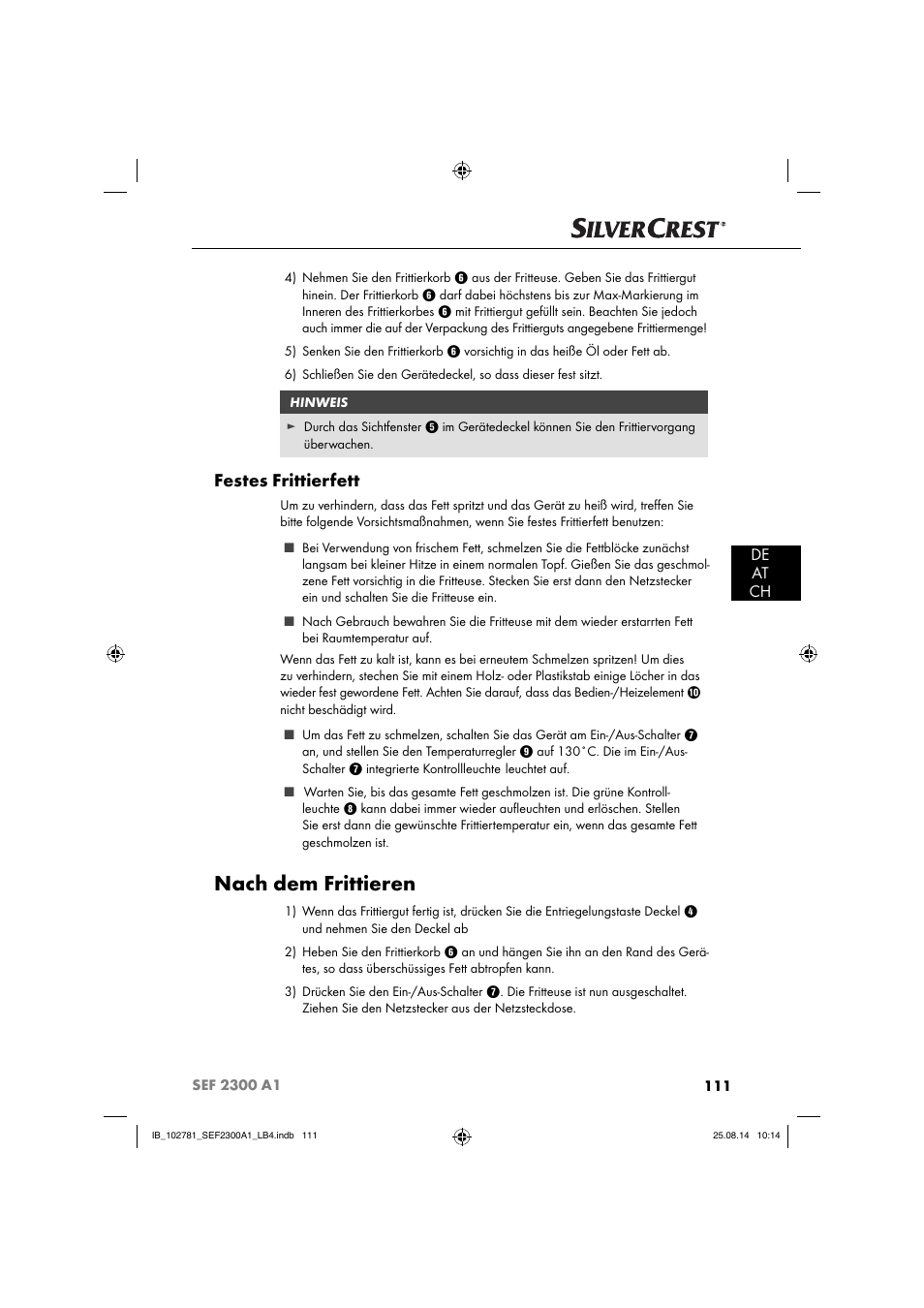 Nach dem frittieren, Festes frittierfett, De at ch | Silvercrest SEF 2300 A1 User Manual | Page 114 / 124