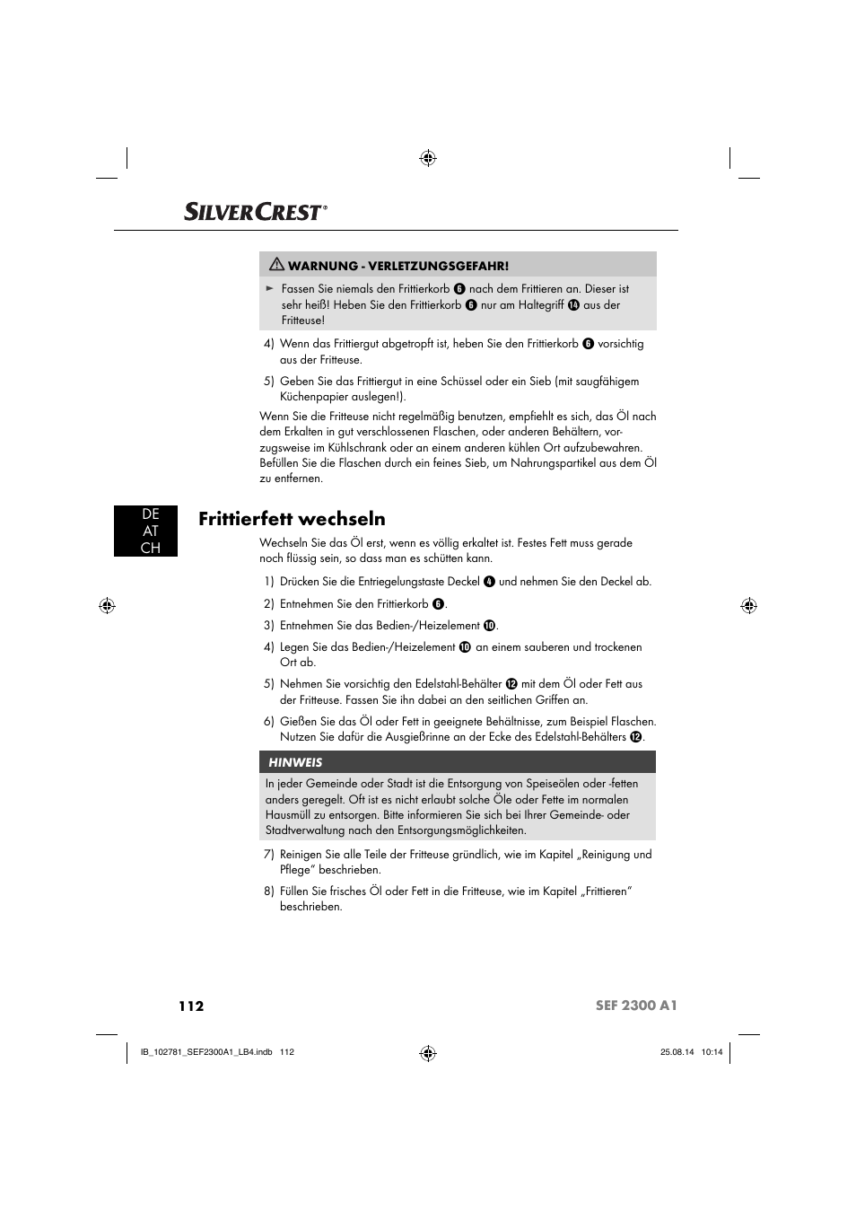 Frittierfett wechseln, De at ch | Silvercrest SEF 2300 A1 User Manual | Page 115 / 124