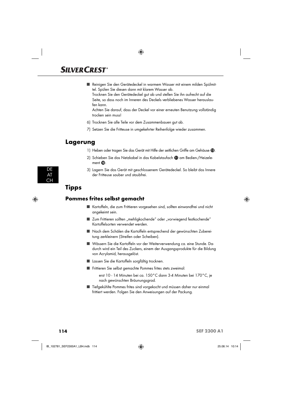 Lagerung, Tipps, Pommes frites selbst gemacht | De at ch | Silvercrest SEF 2300 A1 User Manual | Page 117 / 124