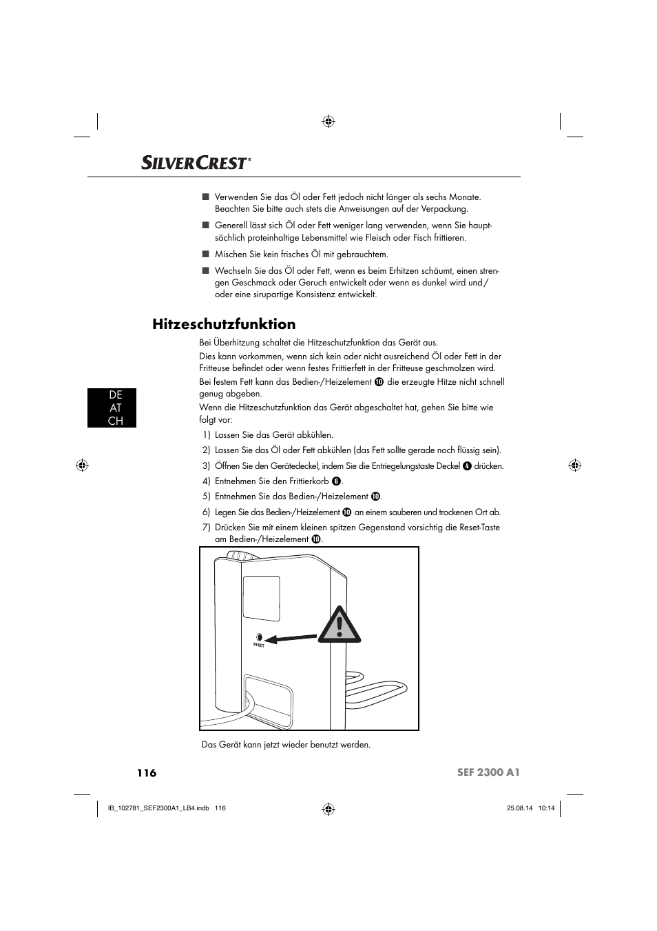 Hitzeschutzfunktion, De at ch | Silvercrest SEF 2300 A1 User Manual | Page 119 / 124