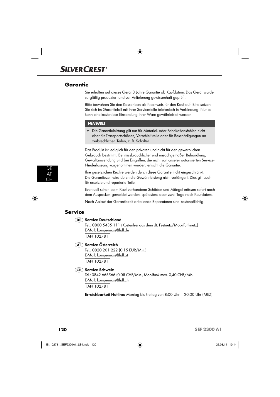 Garantie, Service, De at ch | Silvercrest SEF 2300 A1 User Manual | Page 123 / 124