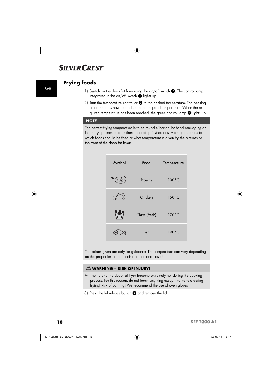 Frying foods | Silvercrest SEF 2300 A1 User Manual | Page 13 / 124