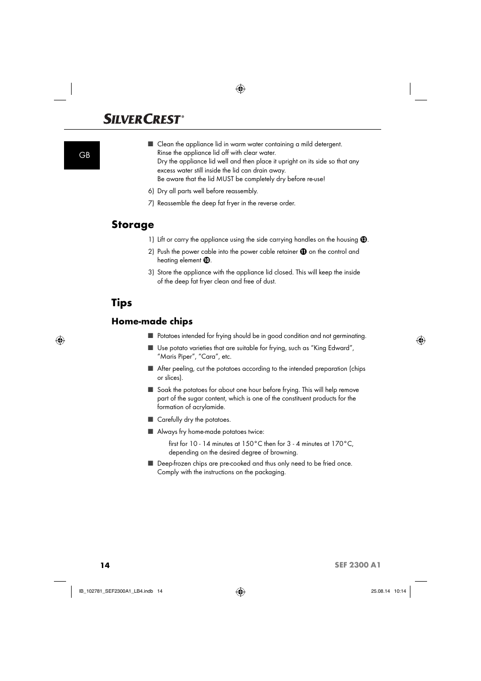 Storage, Tips, Home-made chips | Silvercrest SEF 2300 A1 User Manual | Page 17 / 124