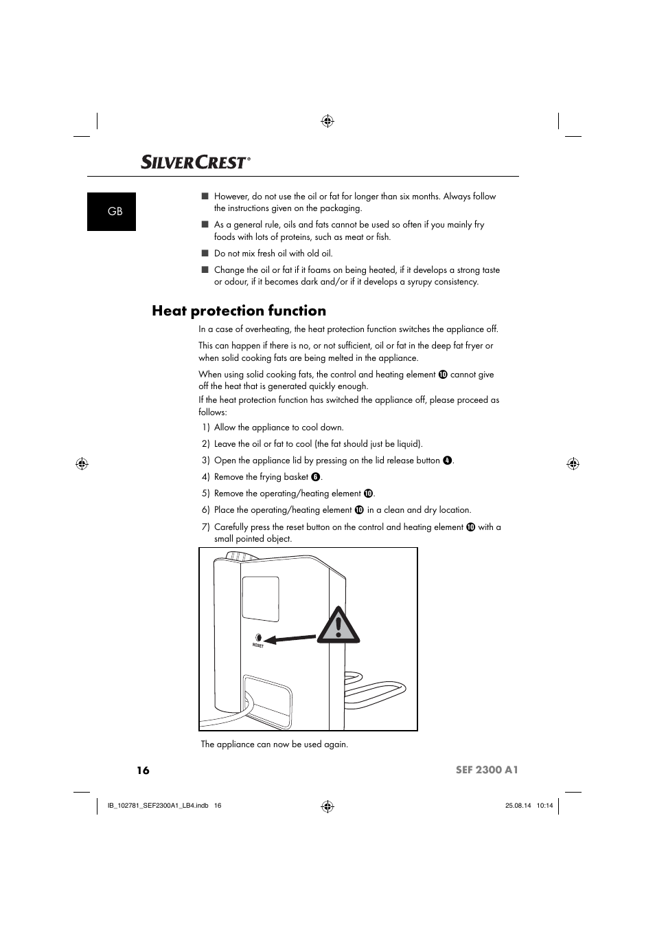 Heat protection function | Silvercrest SEF 2300 A1 User Manual | Page 19 / 124