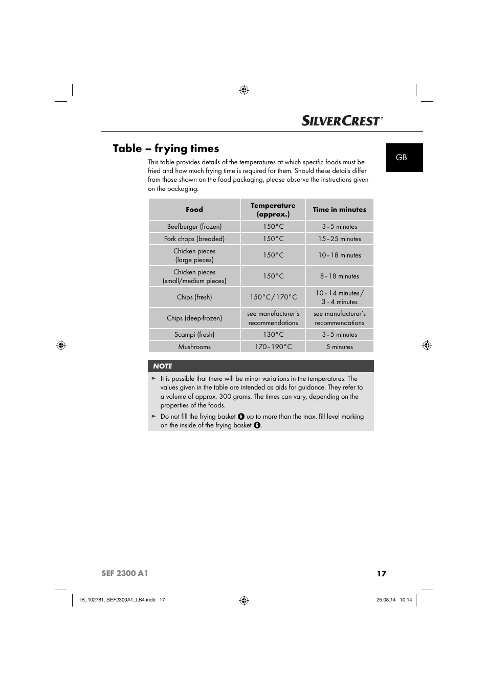 Table – frying times | Silvercrest SEF 2300 A1 User Manual | Page 20 / 124