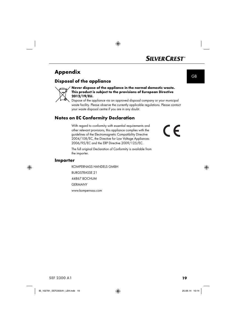 Appendix, Disposal of the appliance, Importer | Silvercrest SEF 2300 A1 User Manual | Page 22 / 124