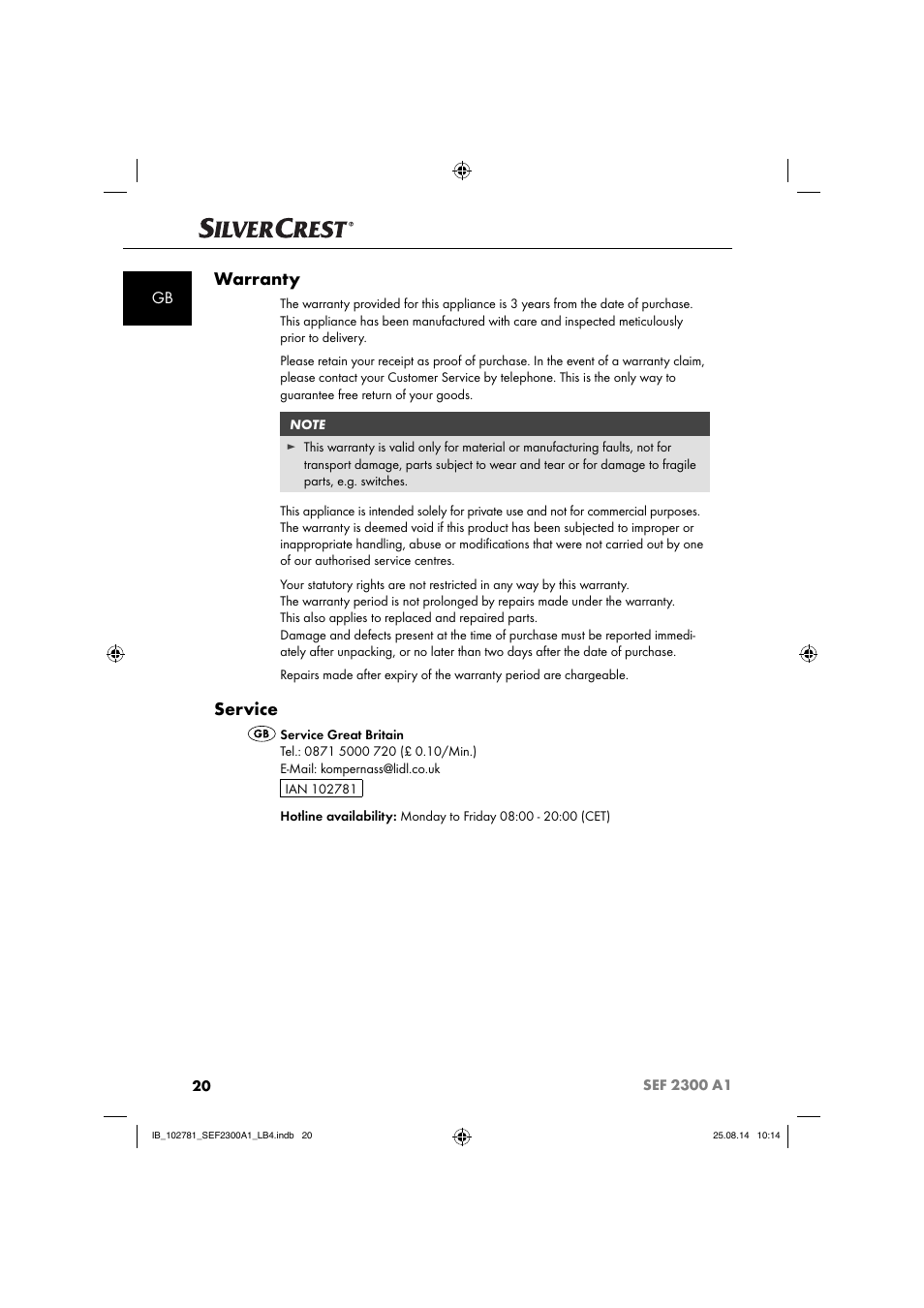 Warranty, Service | Silvercrest SEF 2300 A1 User Manual | Page 23 / 124