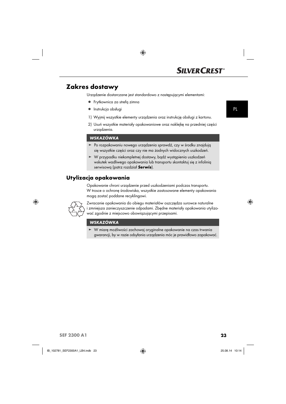 Zakres dostawy, Utylizacja opakowania | Silvercrest SEF 2300 A1 User Manual | Page 26 / 124