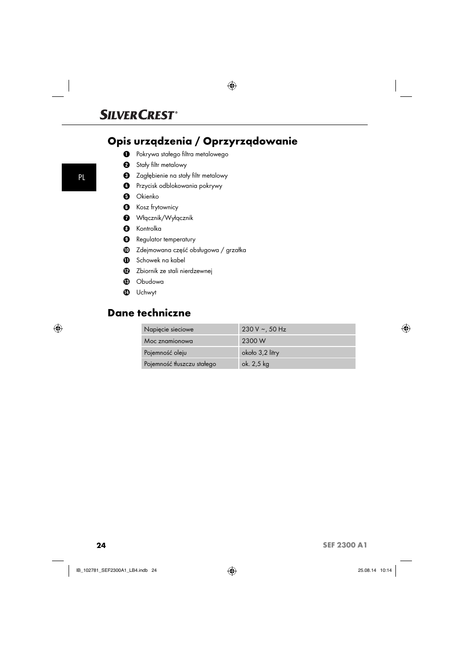 Opis urządzenia / oprzyrządowanie, Dane techniczne | Silvercrest SEF 2300 A1 User Manual | Page 27 / 124