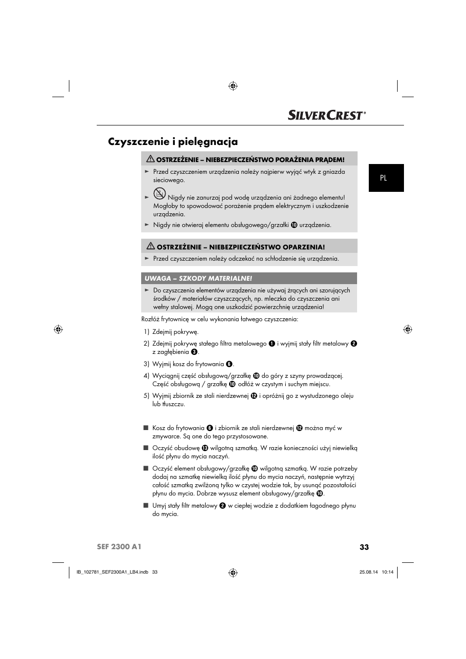 Czyszczenie i pielęgnacja | Silvercrest SEF 2300 A1 User Manual | Page 36 / 124