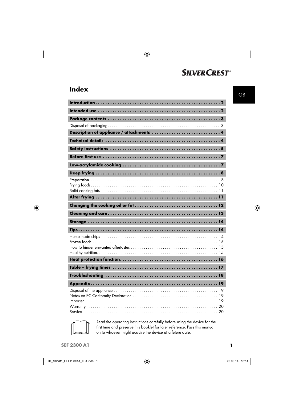 Index | Silvercrest SEF 2300 A1 User Manual | Page 4 / 124