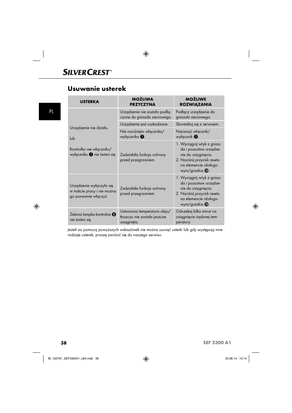 Usuwanie usterek | Silvercrest SEF 2300 A1 User Manual | Page 41 / 124