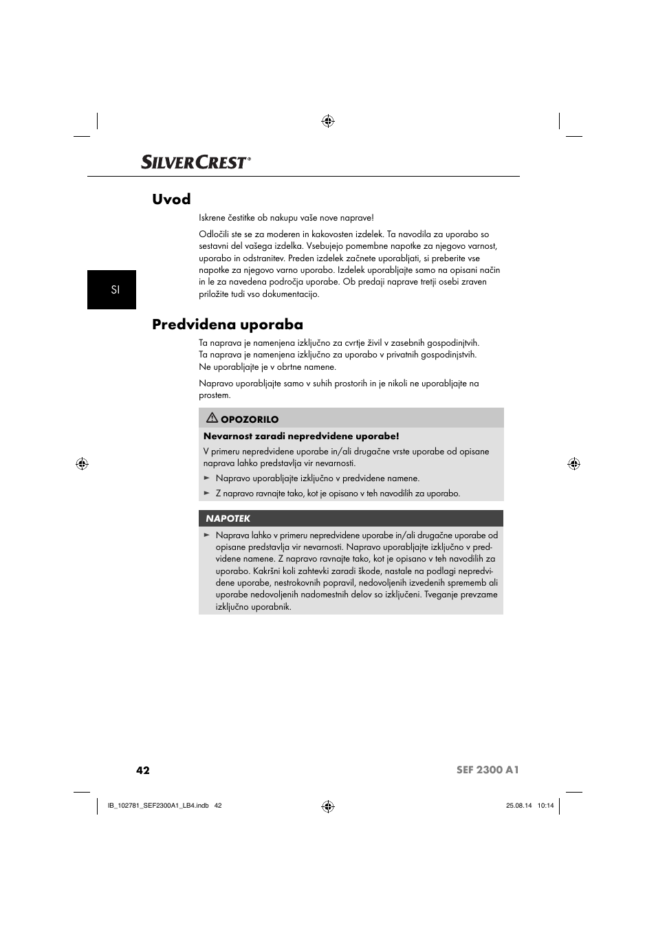 Uvod, Predvidena uporaba | Silvercrest SEF 2300 A1 User Manual | Page 45 / 124