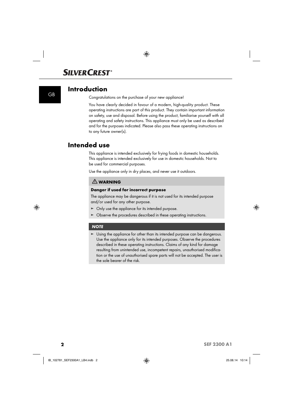 Introduction, Intended use | Silvercrest SEF 2300 A1 User Manual | Page 5 / 124