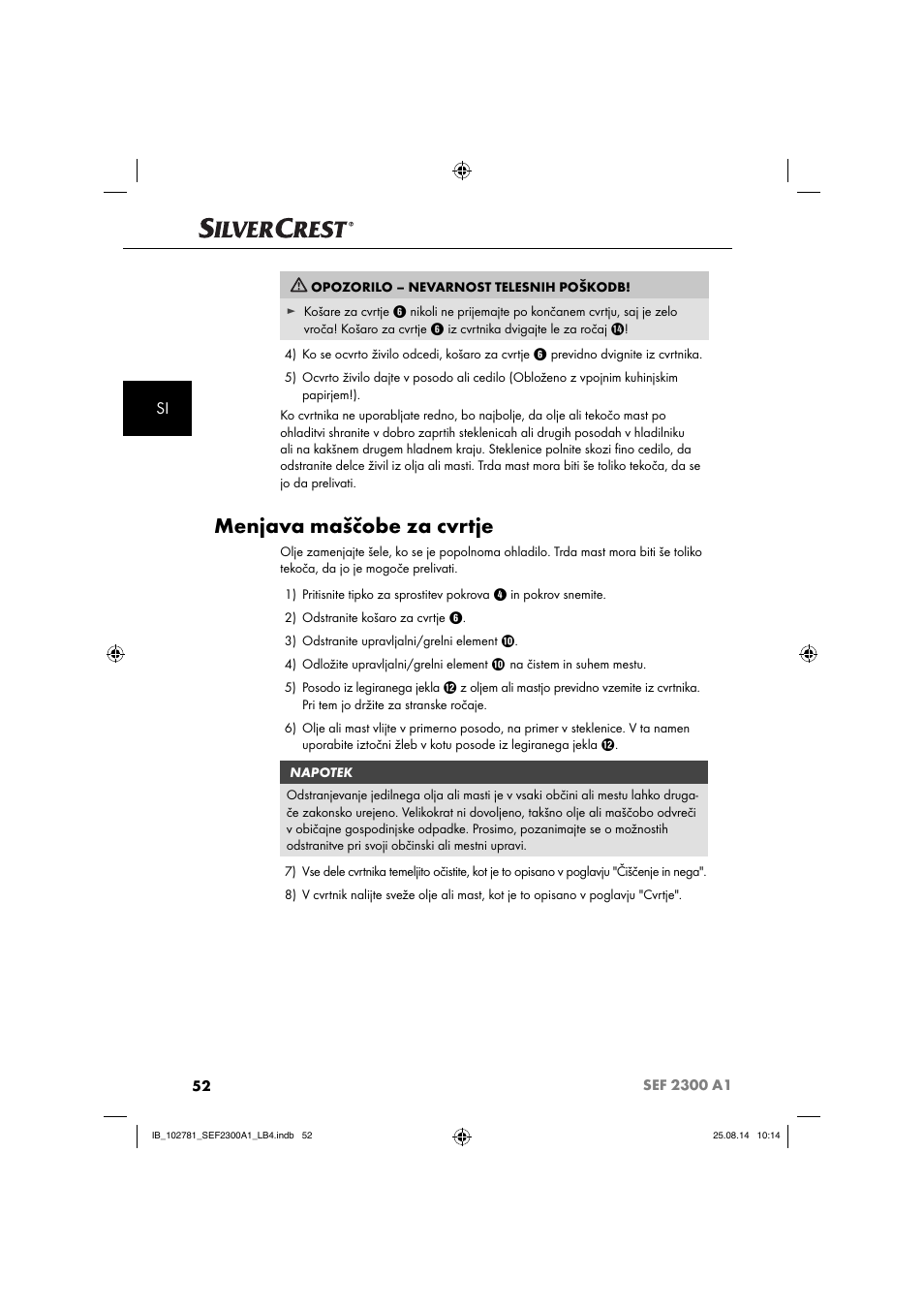 Menjava maščobe za cvrtje | Silvercrest SEF 2300 A1 User Manual | Page 55 / 124