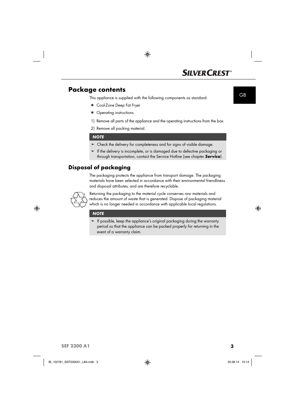 Package contents, Disposal of packaging | Silvercrest SEF 2300 A1 User Manual | Page 6 / 124