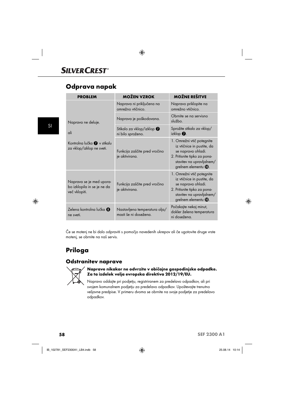 Odprava napak, Priloga, Odstranitev naprave | Silvercrest SEF 2300 A1 User Manual | Page 61 / 124