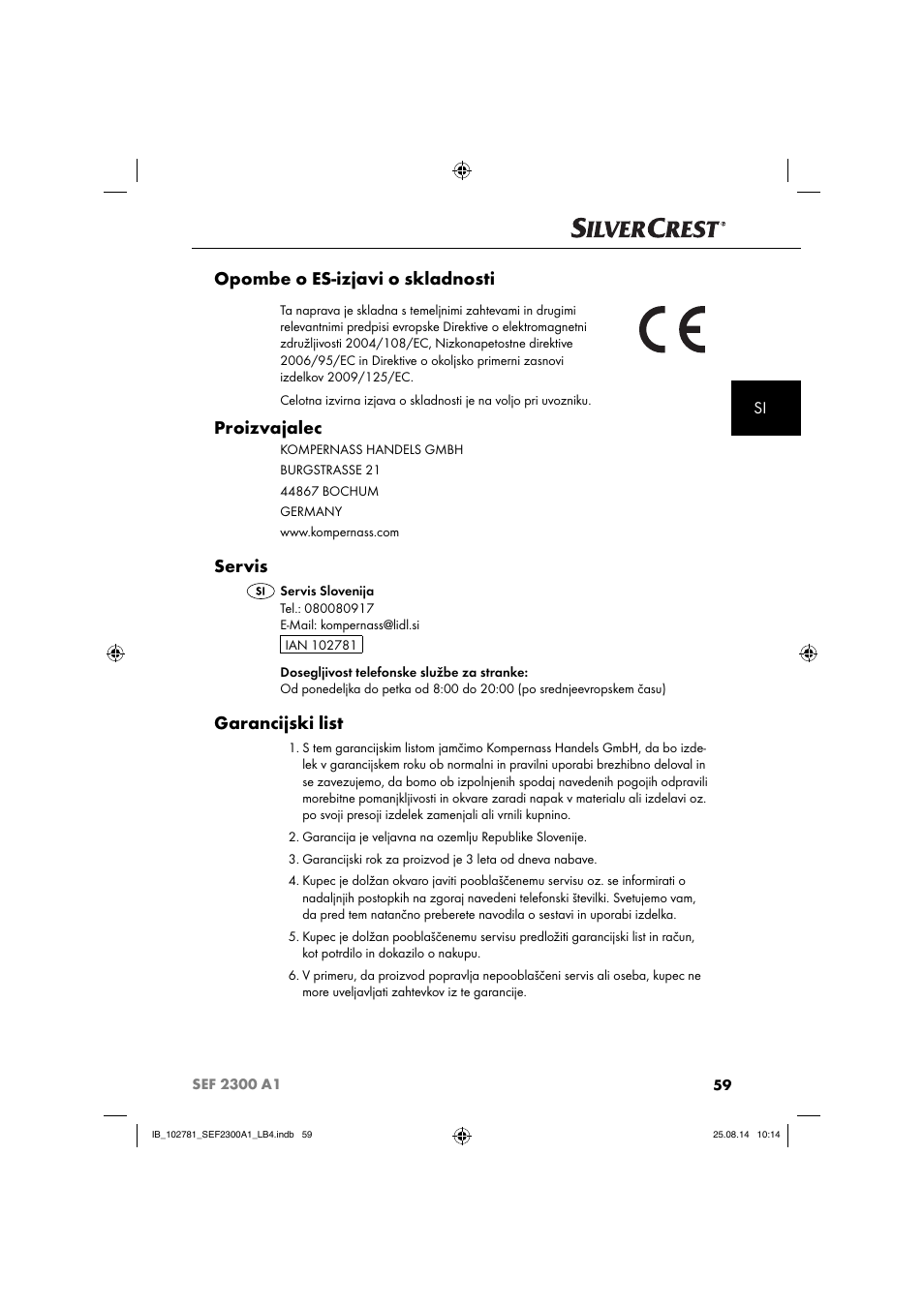 Opombe o es-izjavi o skladnosti, Proizvajalec, Servis | Garancijski list | Silvercrest SEF 2300 A1 User Manual | Page 62 / 124