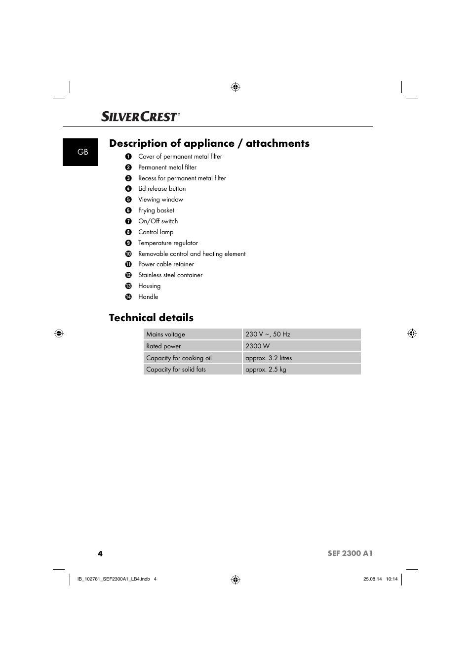 Description of appliance / attachments, Technical details | Silvercrest SEF 2300 A1 User Manual | Page 7 / 124