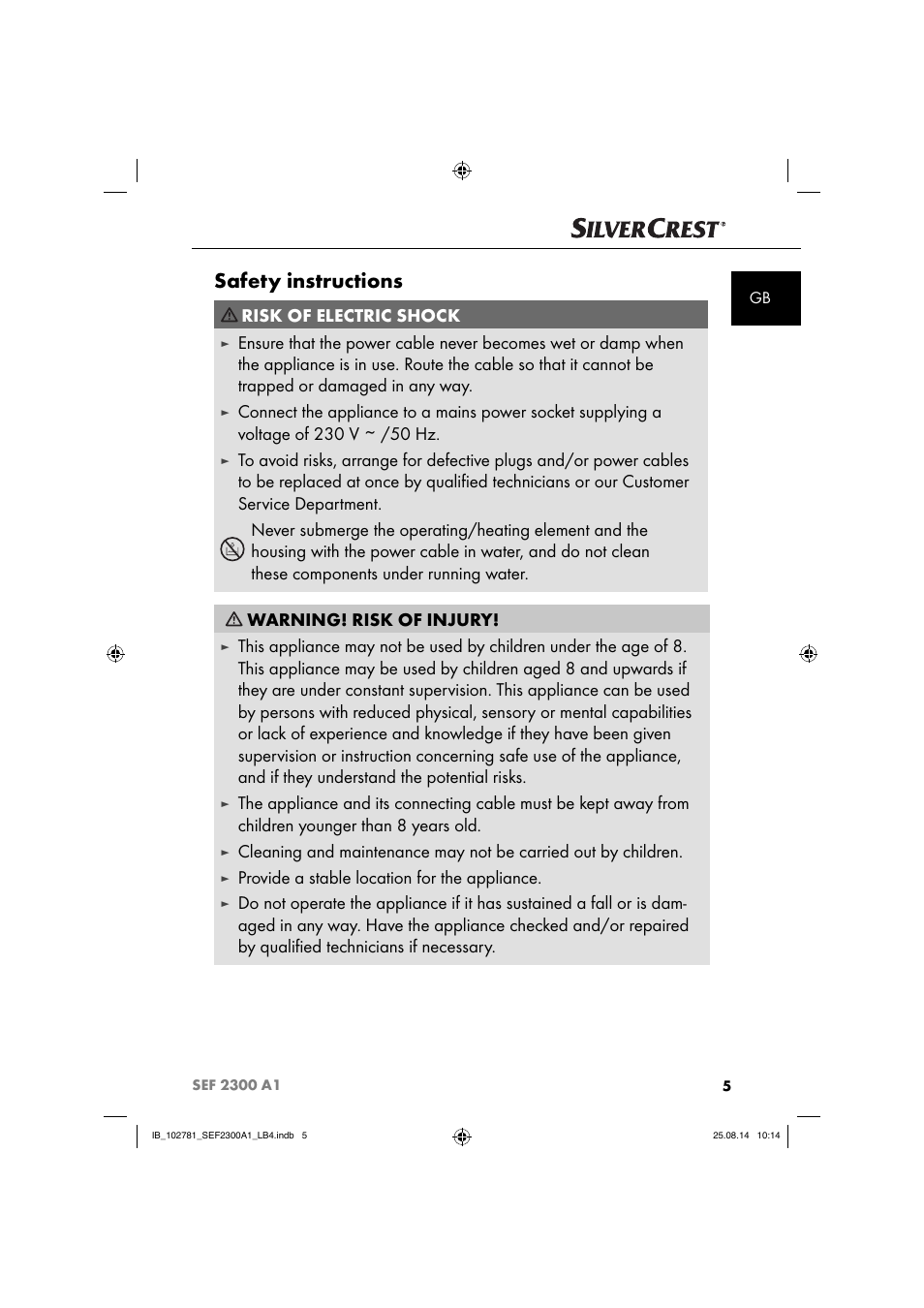 Safety instructions, Risk of electric shock, Provide a stable location for the appliance | Silvercrest SEF 2300 A1 User Manual | Page 8 / 124