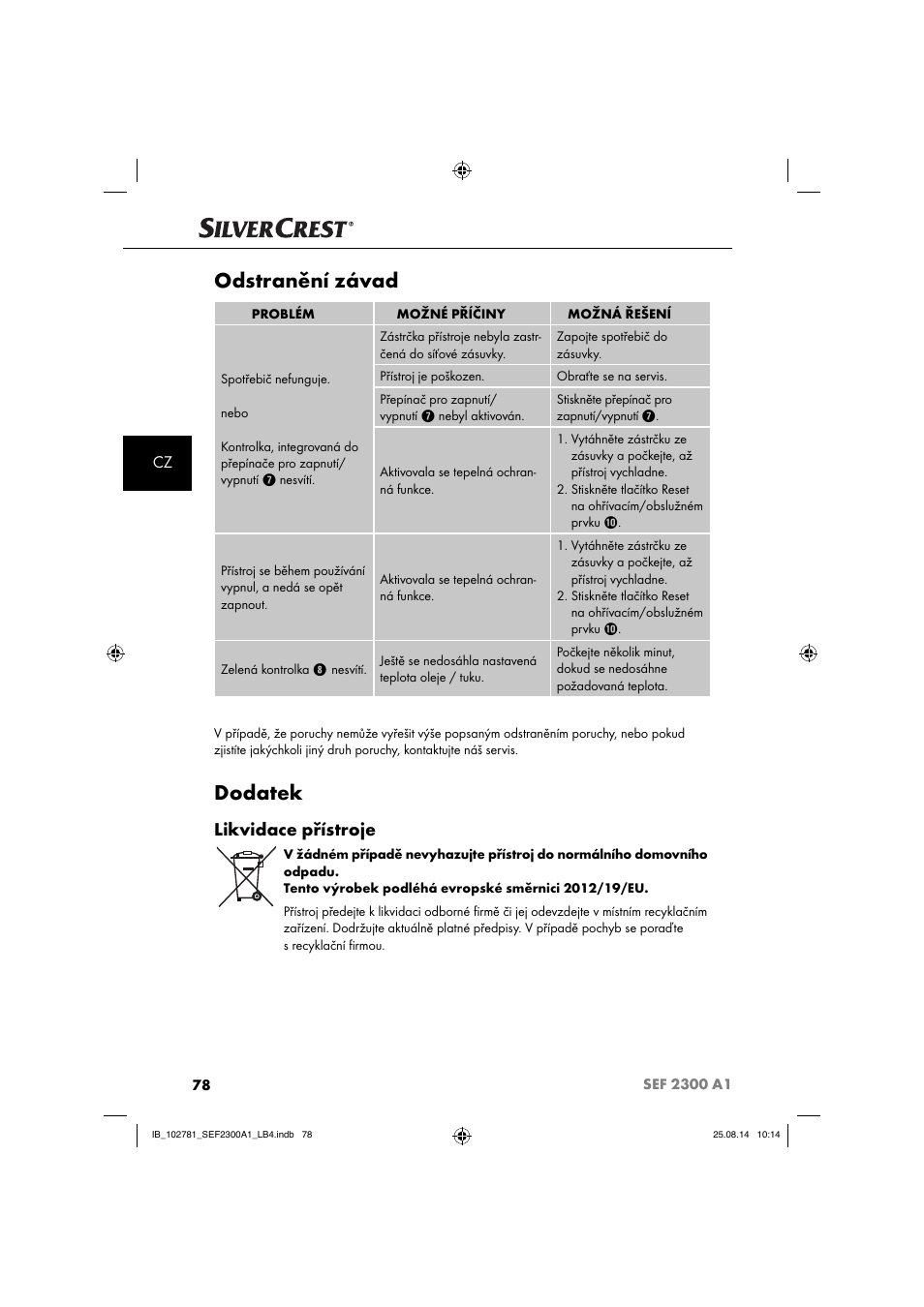 Odstranění závad, Dodatek, Likvidace přístroje | Silvercrest SEF 2300 A1 User Manual | Page 81 / 124