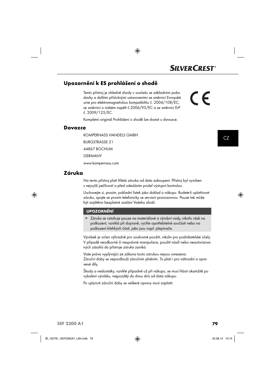 Upozornění k es prohlášení o shodě, Dovozce, Záruka | Silvercrest SEF 2300 A1 User Manual | Page 82 / 124