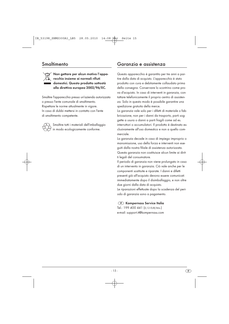 Smaltimento, Garanzia e assistenza | Silvercrest SHMS 300 A1 User Manual | Page 17 / 41