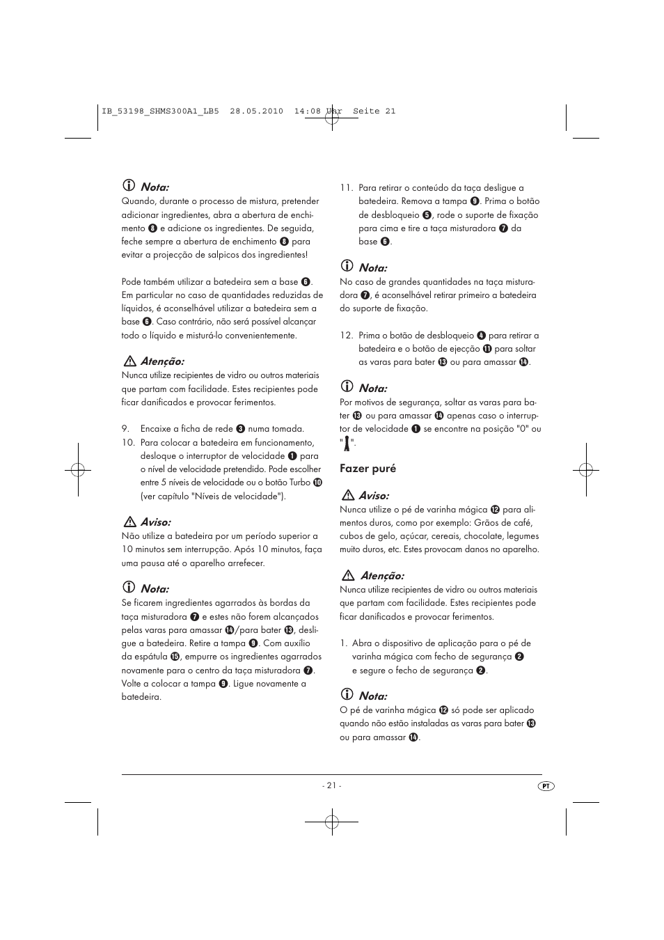 Nota, Atenção, Aviso | Fazer puré aviso | Silvercrest SHMS 300 A1 User Manual | Page 23 / 41