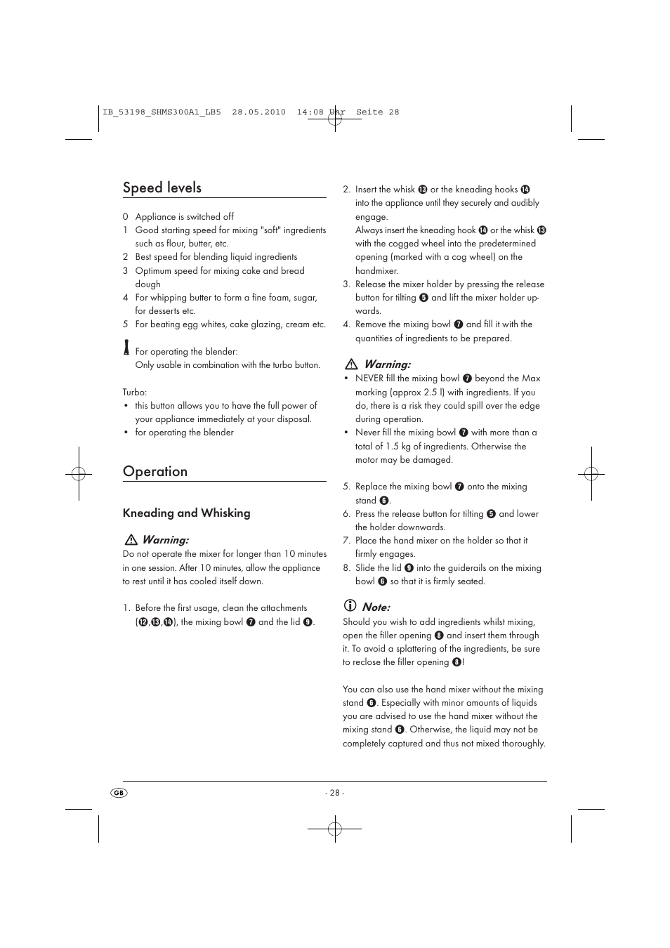 Speed levels, Operation, Kneading and whisking warning | Warning | Silvercrest SHMS 300 A1 User Manual | Page 30 / 41