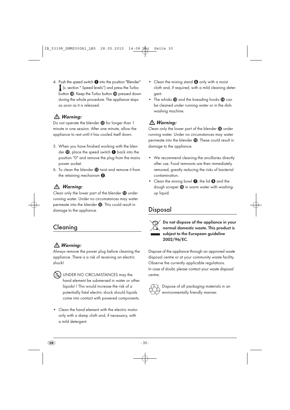 Cleaning, Disposal, Warning | Silvercrest SHMS 300 A1 User Manual | Page 32 / 41
