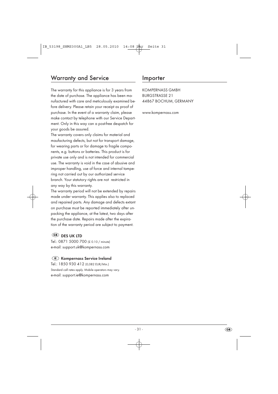 Warranty and service, Importer | Silvercrest SHMS 300 A1 User Manual | Page 33 / 41