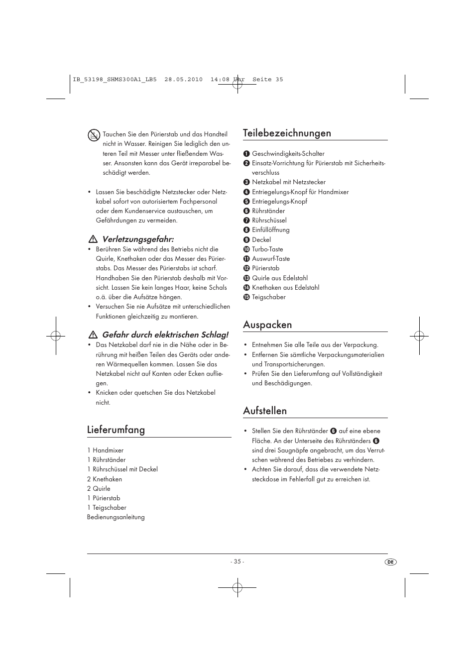 Lieferumfang, Teilebezeichnungen, Auspacken | Aufstellen | Silvercrest SHMS 300 A1 User Manual | Page 37 / 41