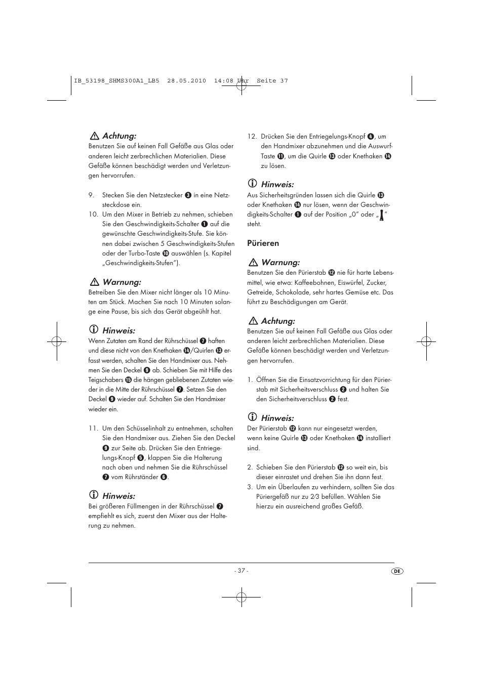 Achtung, Warnung, Hinweis | Pürieren warnung | Silvercrest SHMS 300 A1 User Manual | Page 39 / 41