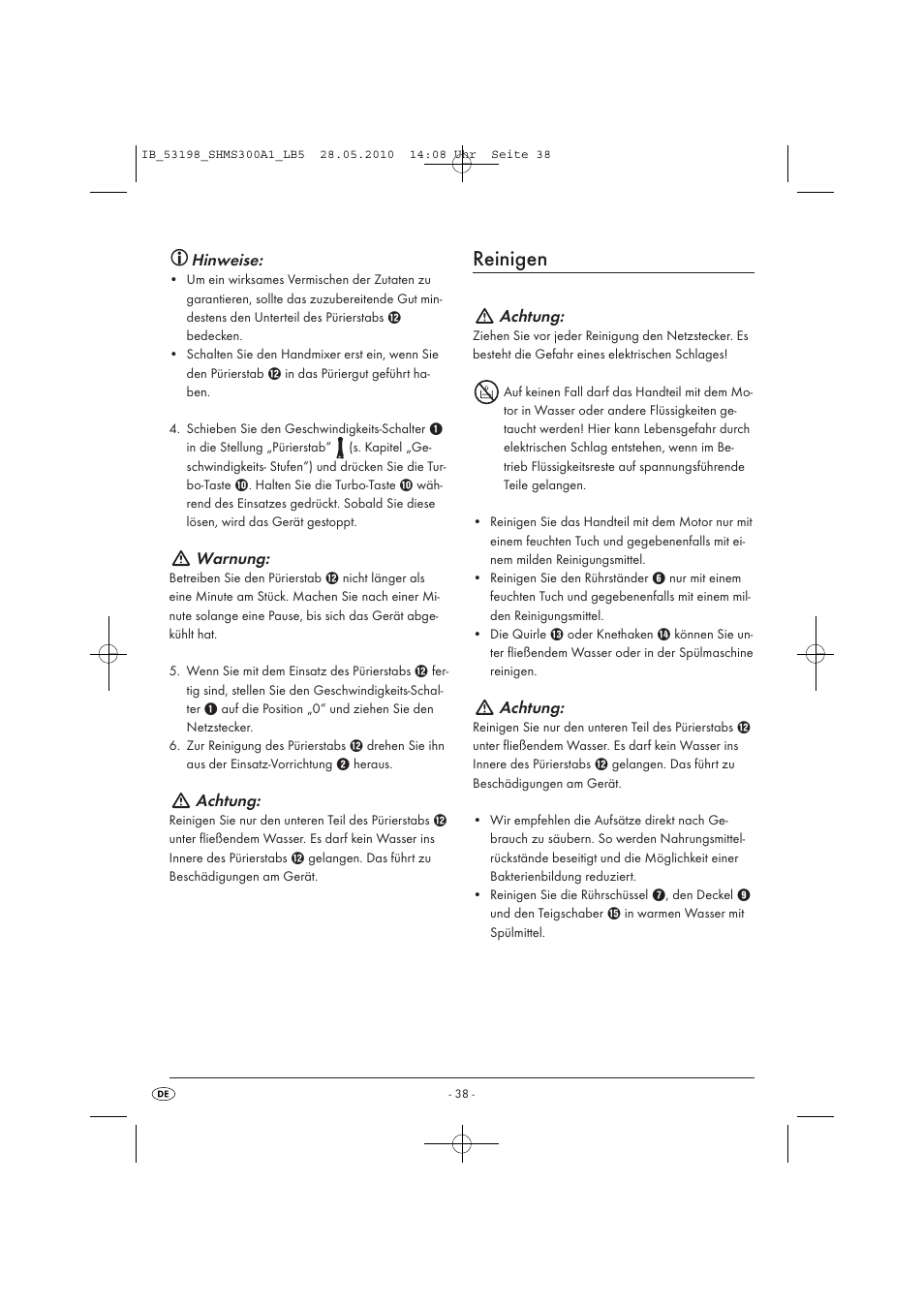 Reinigen, Hinweise, Warnung | Achtung | Silvercrest SHMS 300 A1 User Manual | Page 40 / 41