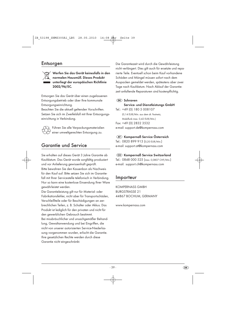 Entsorgen, Garantie und service, Importeur | Silvercrest SHMS 300 A1 User Manual | Page 41 / 41