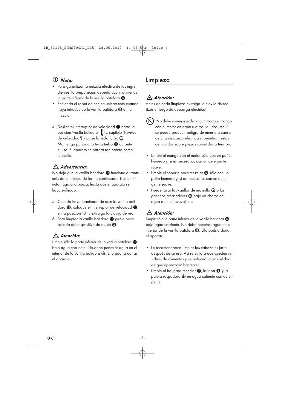 Limpieza, Nota, Advertencia | Atención | Silvercrest SHMS 300 A1 User Manual | Page 8 / 41