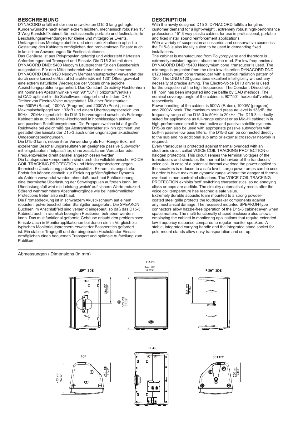 Beschreibung, Description | Dynacord D15-3 User Manual | Page 2 / 5