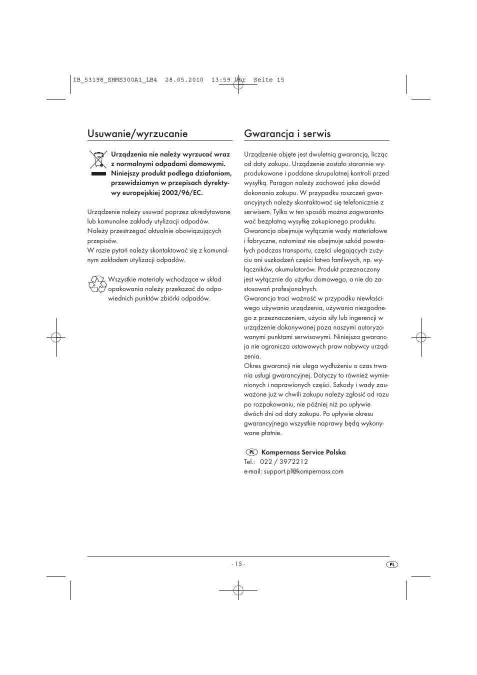Usuwanie/wyrzucanie, Gwarancja i serwis | Silvercrest SHMS 300 A1 User Manual | Page 17 / 49