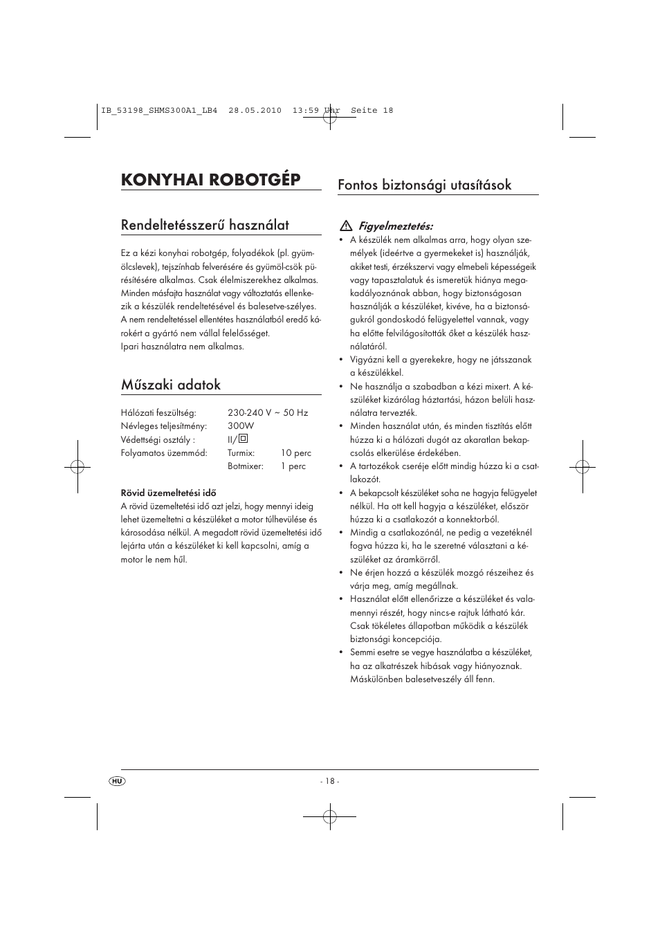 Konyhai robotgép, Rendeltetésszerű használat, Műszaki adatok | Fontos biztonsági utasítások, Figyelmeztetés | Silvercrest SHMS 300 A1 User Manual | Page 20 / 49